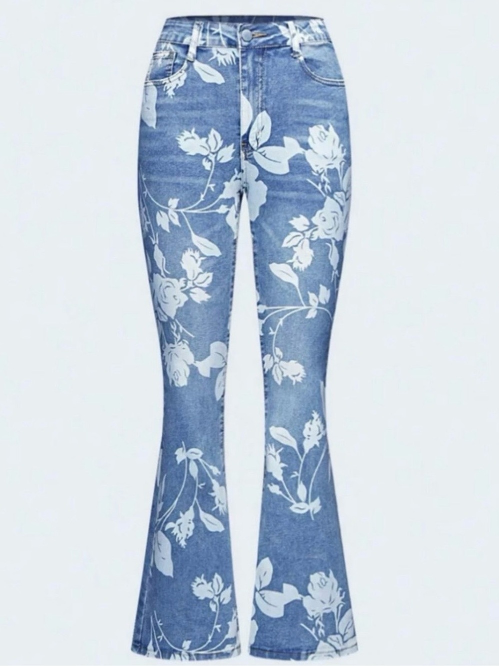 Blue Floral Print Women's Flare Jeans with Stretch. Retro Size Large